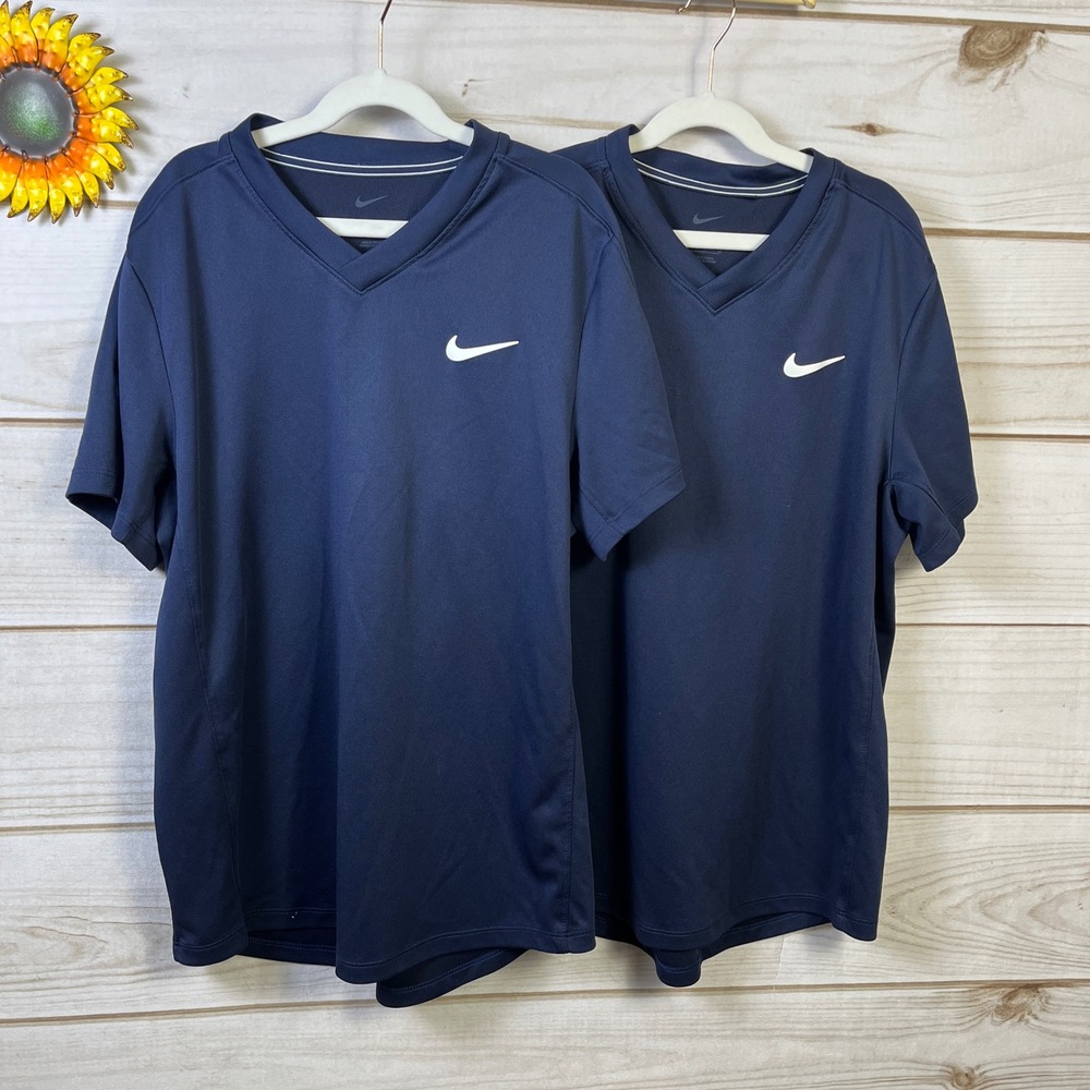 Set of 2 Nike V Neck Short Sleeve T Shirt Navy Athletic Training Logo